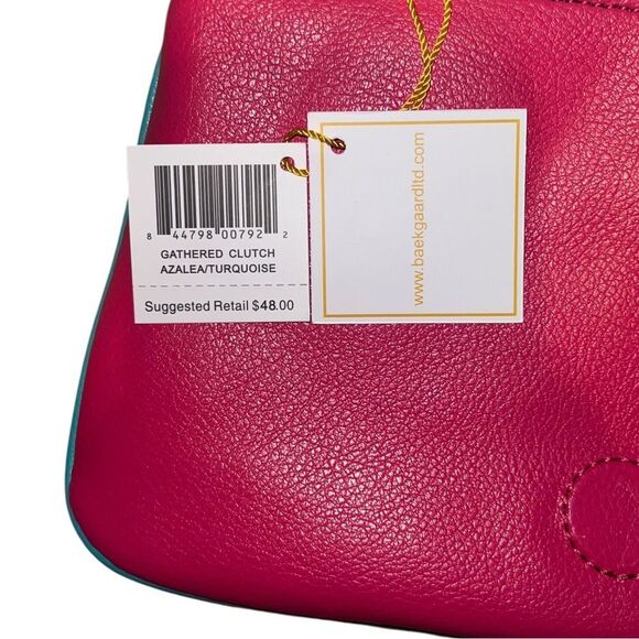 Baekgaard Genuine Leather Gathered Clutch Bag Azalea Pink & Turquoise NWT - Picture 4 of 5